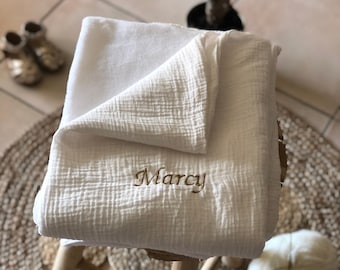 Personalized baby blanket/plaid in TRIPLE off-white cotton gauze.