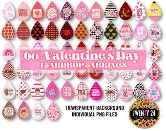 Valentine's Teardrop Earrings PNG Sublimation - Valentine's Day Earring BUNDLE of 60+ PNG - Tear Drop Earring Designs - Teardrop Template -