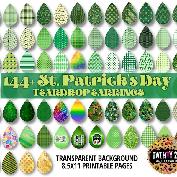 St. Patrick's Day Teardrop Earrings PNG Sublimation - Clover Earring BUNDLE of 144+ PNG - Tear Drop Earring Designs - Teardrop Template