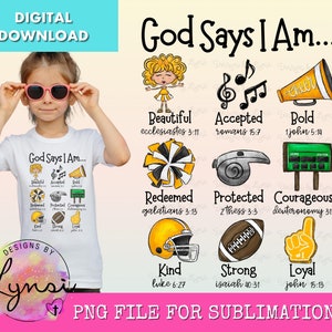 Puede incluir: Una camiseta blanca con el texto "God Says I Am..." y una lista de afirmaciones positivas con versículos bíblicos correspondientes. El diseño incluye gráficos de porristas y un casco de fútbol, un balón de fútbol y un dedo de espuma.