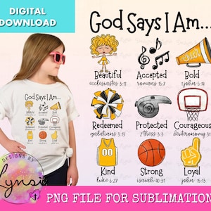 Puede incluir: Una descarga digital de un diseño de sublimación con un tema de porristas con el texto "God Says I Am..." y una lista de afirmaciones positivas con versículos bíblicos correspondientes. El diseño incluye una porrista, un megáfono, un silbato, un aro de baloncesto, un balón de baloncesto, una camiseta y un dedo de espuma.