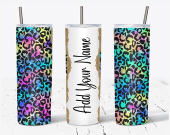 Colorful Leopard Add Your Own Text Name Monogram Sublimation Tumbler - DIGITAL DOWNLOAD - 20oz Skinny Tumbler Wraps Templates PNG