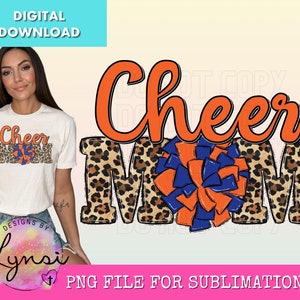 Cheer Mom PNG Digital Design - Cheer Sublimation Design - Leopard Cheer Orange Blue Design - Cheer Pom Pom - Cheerleading Png