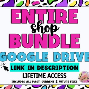 Pu&ograve; includere: Una grafica rosa e blu con il testo "ENTIRE shop BUNDLE GOOGLE DRIVE LINK IN DESCRIPTION LIFETIME ACCESS INCLUDES ALL PAST, CURRENT & FUTURE FILES" e un piccolo logo con il testo "DESIGNS BY Lynsi".