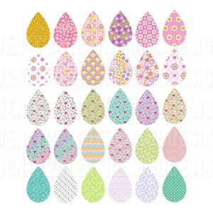 May include: Set of 24 digital clipart images of colorful raindrops with various patterns. The raindrops are in a variety of colors, including pink, blue, green, yellow, and purple. The patterns include hearts, stars, rainbows, and polka dots.