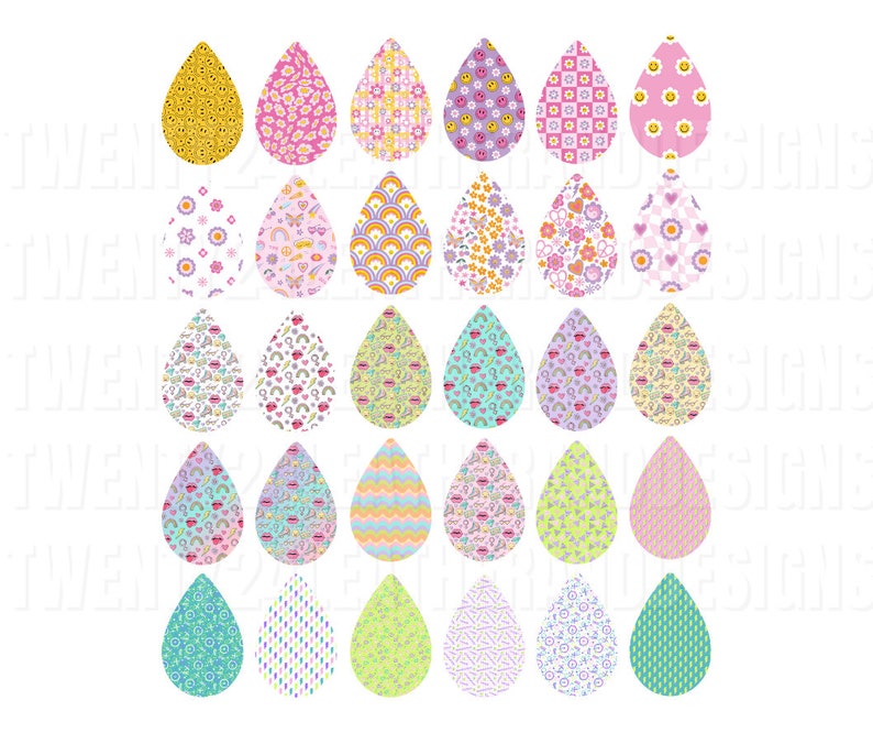 May include: Set of 24 digital clipart images of colorful raindrops with various patterns. The raindrops are in a variety of colors, including pink, blue, green, yellow, and purple. The patterns include hearts, stars, rainbows, and polka dots.