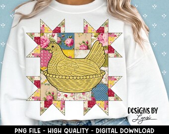 Trapunta con gallina sul nido, design digitale PNG, Grandma Core Sublimation, Cottage Core, Fattoria, design per magliette vintage, patchwork