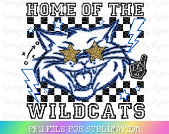 Wildcats Blue Preppy Mascot PNG Digital Design - Checkered Mascot - School Spirit Design - Home of The Wildcats Png - Team Mascot