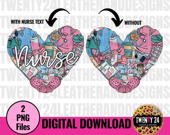 Puede incluir: Dos descargas digitales de un diseño en forma de corazón rosa y azul con la palabra "Nurse" en el centro. El corazón está lleno de varios artículos relacionados con la medicina, como píldoras, vendas y un estetoscopio. El diseño está disponible con y sin la palabra "Nurse".