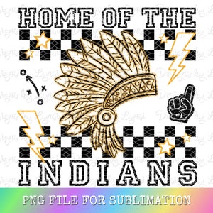 Indians Yellow Preppy Mascot PNG Digital Design - Checkered Mascot - School Spirit Design - Home of The Indians Png - Team Mascot