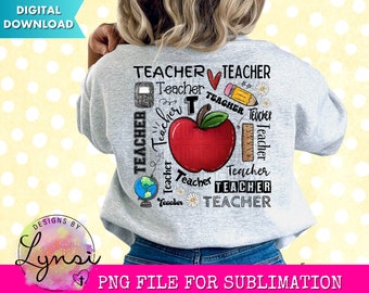 Insegnante PNG Digital Design - Insegnante sublimazione Design - Scuola Png - Apple Png - Matita Png - Regali per insegnanti - Arte stampabile disegnata a mano