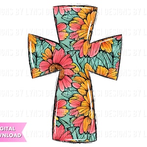 Floral Cross Sublimation PNG Digital Download - Hand Drawn Cross - Christian PNG - Printable Artwork - Cross Clipart - Easter Cross
