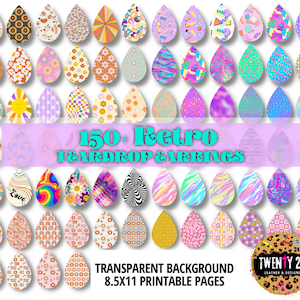 May include: 150+ Retro teardrop and earring designs in a variety of colors and patterns. The designs include swirls, rainbows, flowers, geometric shapes, and more. The designs are on a transparent background and are 8.5x11 printable pages.
