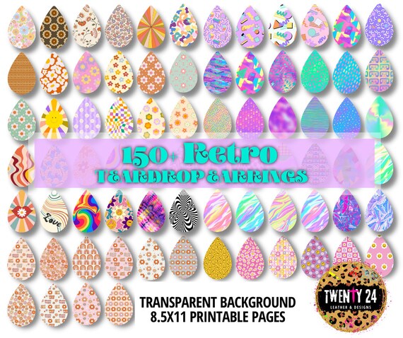 Retro Teardrop Earrings PNG Sublimation - 90's Earring BUNDLE of 150+ PNG - Tear Drop Earring Designs - Teardrop Template