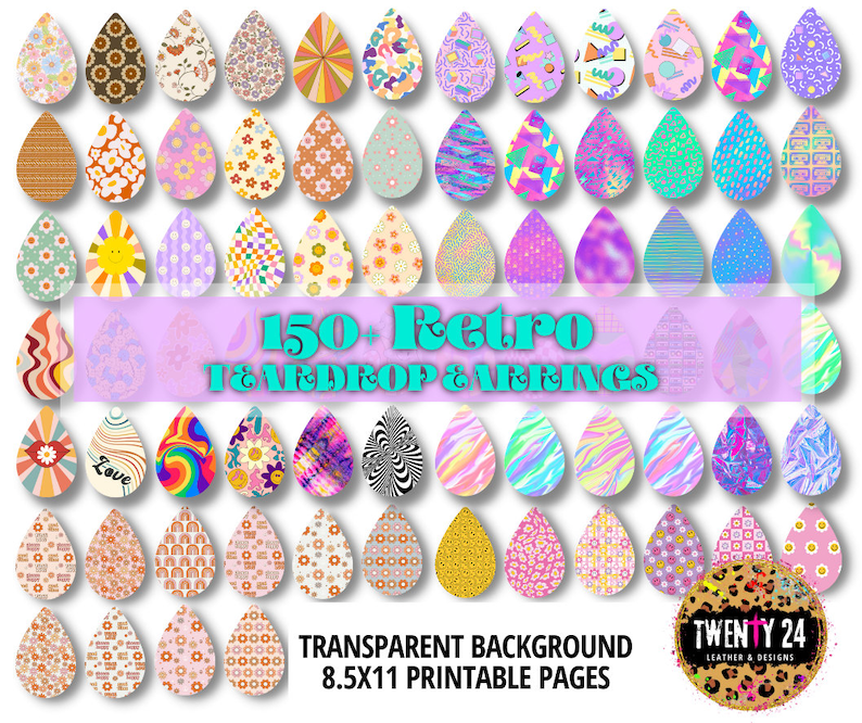 May include: 150+ Retro teardrop and earring designs in a variety of colors and patterns. The designs include swirls, rainbows, flowers, geometric shapes, and more. The designs are on a transparent background and are 8.5x11 printable pages.