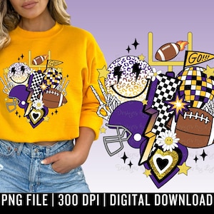 Retro Football PNG Digital Design - Purple & Yellow Football Sublimation - Football Smiley Face - Game Day - Leopard Football Png