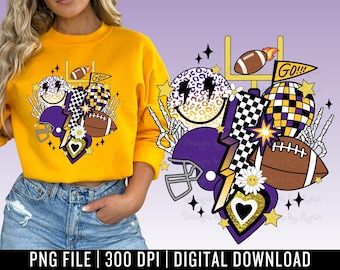 Retro Football PNG Digital Design - Sublimazione del calcio viola e giallo - Faccina sorridente del calcio - Giorno del gioco - Leopard Football Png