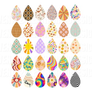 May include: Set of 25 digital clipart images featuring colorful teardrop shapes with various retro patterns, including geometric designs, flowers, smiley faces, and the word "Love".