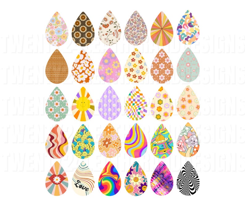 May include: Set of 25 digital clipart images featuring colorful teardrop shapes with various retro patterns, including geometric designs, flowers, smiley faces, and the word "Love".