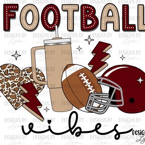 May include: Football vibes graphic design with a maroon football helmet, a brown and white football, a leopard print heart with a maroon lightning bolt, and a brown to-go cup with a maroon lid.