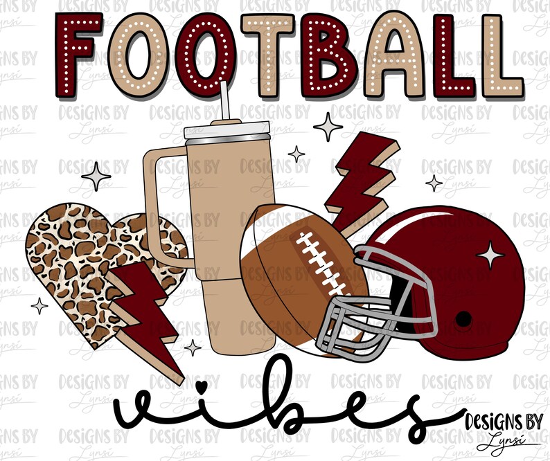 May include: Football vibes graphic design with a maroon football helmet, a brown and white football, a leopard print heart with a maroon lightning bolt, and a brown to-go cup with a maroon lid.