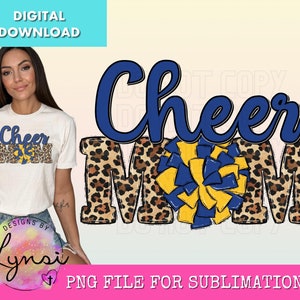 Cheer Mom PNG Digital Design - Cheer Sublimation Design - Leopard Cheer Yellow Gold Blue Design - Cheer Pom Pom - Cheerleading Png