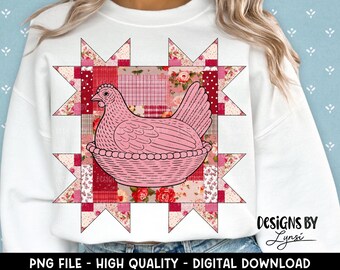 Trapunta con gallina sul nido, design digitale PNG, Grandma Core Sublimation, Cottage Core, Fattoria, design per magliette vintage, patchwork