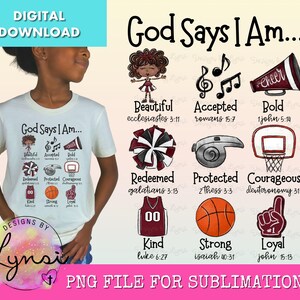 Puede incluir: Una camiseta blanca con el texto "God Says I Am..." y una lista de atributos positivos con versículos bíblicos correspondientes. El diseño incluye ilustraciones de una animadora, un silbato, un aro de baloncesto, un balón de baloncesto y una camiseta.