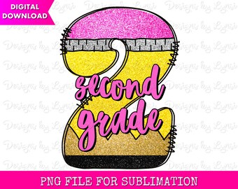 Diseño digital PNG de segundo grado - Diseño de regreso a la escuela - Grado escolar Png - Profesor de 2do grado - Lápiz de letra Doodle - Sublimado de 2do grado