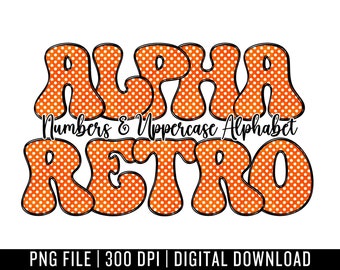 Retro Alphabet Uppercase Letters & Numbers - PNG Digital Download - Hand Drawn Doodle - Sublimation Alpha Set - Orange Font