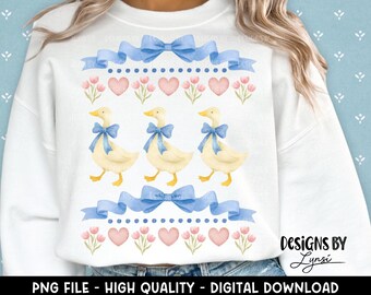 Design digitale PNG con oca con nastro blu vintage - Design a sublimazione Grandma Core - Cottage Core - Fattoria - Coquette - Design per magliette vintage