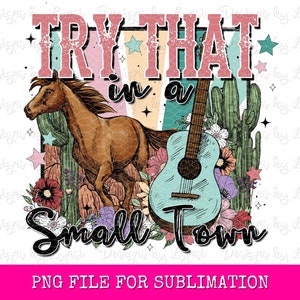 May include: A sublimation design featuring a brown horse, a blue guitar, and cacti with pink and purple flowers. The text "TRY THAT in a SMALL TOWN" is written in a pink and white font.