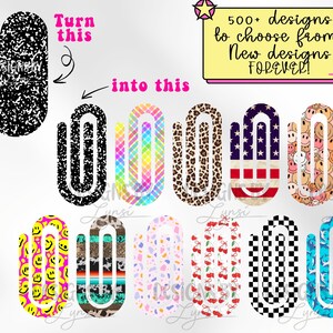 May include: A collection of decorative nail art designs. The designs include patterns such as smiley faces, leopard print, the American flag, and cherries. The image also includes the text "500+ designs to choose from! New designs FOREVER!"