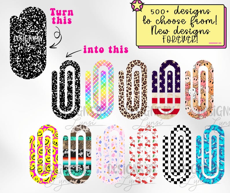 May include: A collection of decorative nail art designs. The designs include patterns such as smiley faces, leopard print, the American flag, and cherries. The image also includes the text "500+ designs to choose from! New designs FOREVER!"