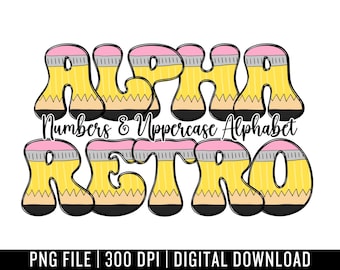 Retro Alphabet Uppercase Letters & Numbers - PNG Digital Download - Hand Drawn Doodle - Sublimation Alpha Set - Pencil Font