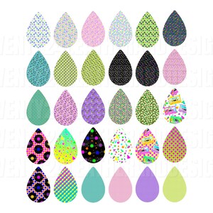 May include: Set of 25 digital clipart images of teardrop shapes with various 80s and 90s retro patterns. The patterns include geometric shapes, cassette tapes, and record players. The colors are bright and vibrant, including pink, blue, green, yellow, and purple.