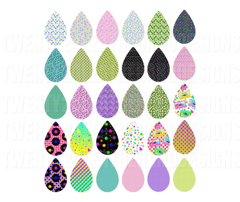 May include: Set of 25 digital clipart images of teardrop shapes with various 80s and 90s retro patterns. The patterns include geometric shapes, cassette tapes, and record players. The colors are bright and vibrant, including pink, blue, green, yellow, and purple.