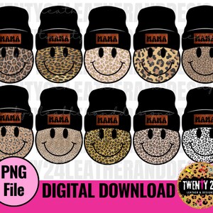 Può includere: Set di dieci design digitali di sublimazione che presentano berretti neri con una toppa marrone "MAMA" e una faccia sorridente con stampa leopardata.