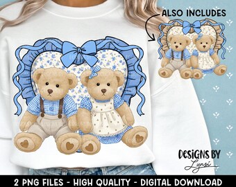 Coppia di orsacchiotti di seconda mano in PNG blu, design digitale - Design a sublimazione Grandma Core - Cottage Core - Fattoria - Coquette - Design per magliette vintage