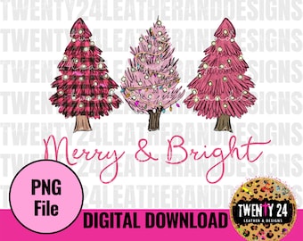 Merry and Bright PNG Digital Download - Sublimation Design - Christmas Clipart-  Pink Christmas Tree - Graphic Tshirt
