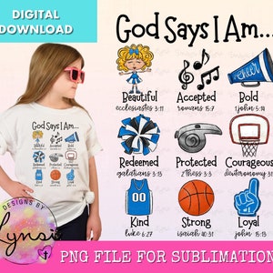 Puede incluir: Una descarga digital de un diseño de sublimación que presenta una camiseta blanca con el texto "God Says I Am..." y una variedad de iconos deportivos y versículos bíblicos. Los iconos incluyen una animadora, un balón de baloncesto, un silbato, un aro de baloncesto, una camiseta y un dedo de espuma.
