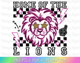 Lions Preppy Mascot PNG Digital Design - Checkered Mascot - School Spirit Design - Home of The Lions Png - Team Mascot - Lion Clipart