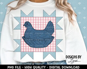 Trapunta con gallina sul nido, design digitale PNG, Grandma Core Sublimation, Cottage Core, Fattoria, design per magliette vintage, patchwork