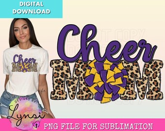 Cheer Mom PNG Digital Design - Cheer Sublimation Design - Leopard Cheer Yellow Gold Purple Design - Cheer Pom Pom - Cheerleading Png