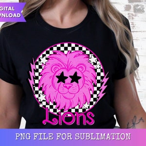 Lions Glitter Preppy Mascot PNG Digital Design - Checkered Mascot - School Spirit Design - Lions Png - Team Mascot - Pink Lion Clipart