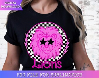 Lions Glitter Preppy Mascot PNG Digital Design - Checkered Mascot - School Spirit Design - Lions Png - Team Mascot - Pink Lion Clipart