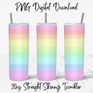 May include: Three 20oz straight skinny tumblers with a rainbow ombre design. The tumblers are pink, blue, green, yellow, and orange. The design is a horizontal stripe pattern.  "PNG Digital Download" is written at the top of the image.  "20oz Straight Skinny Tumbler" is written at the bottom of the image.