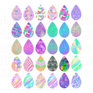 May include: Set of 24 digital clipart images of colorful raindrops with various 80s and 90s retro patterns. The raindrops are in a teardrop shape and have a variety of patterns, including geometric shapes, stripes, polka dots, and abstract designs.