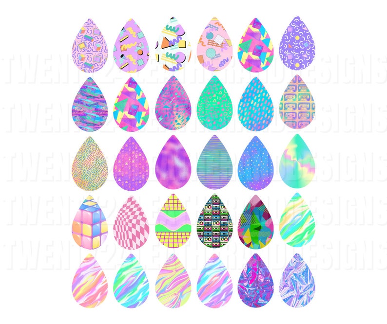 May include: Set of 24 digital clipart images of colorful raindrops with various 80s and 90s retro patterns. The raindrops are in a teardrop shape and have a variety of patterns, including geometric shapes, stripes, polka dots, and abstract designs.