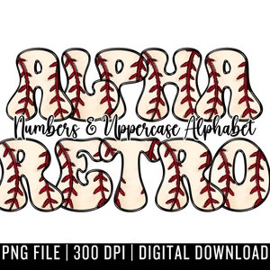 Retro Alphabet Uppercase Letters & Numbers - PNG Digital Download - Hand Drawn Doodle - Sublimation Alpha Set - Baseball Font